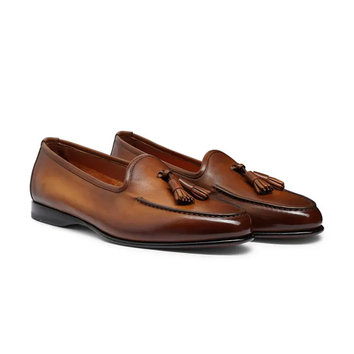 Men Brown Leather Andrea Tassel Loafer Santoni Loafers