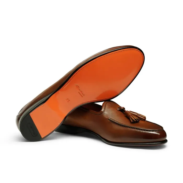Men Brown Leather Andrea Tassel Loafer Santoni Loafers