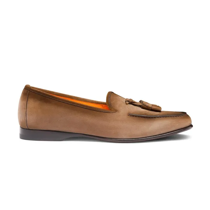 Men Brown Nubuck Andrea Tassel Loafer Santoni Loafers