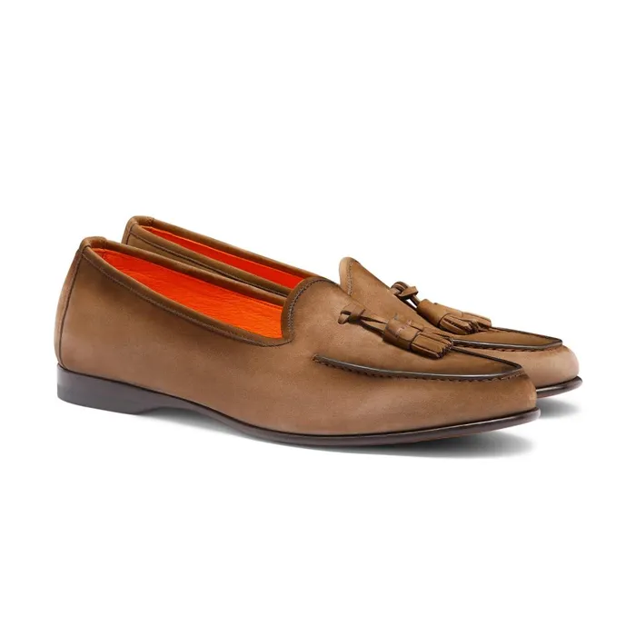 Men Brown Nubuck Andrea Tassel Loafer Santoni Loafers