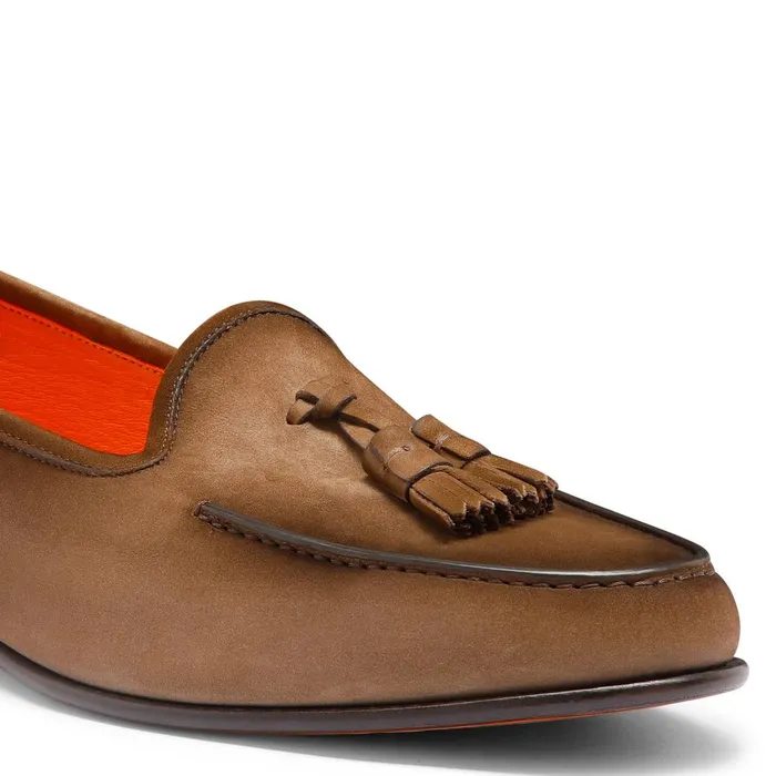 Men Brown Nubuck Andrea Tassel Loafer Santoni Loafers