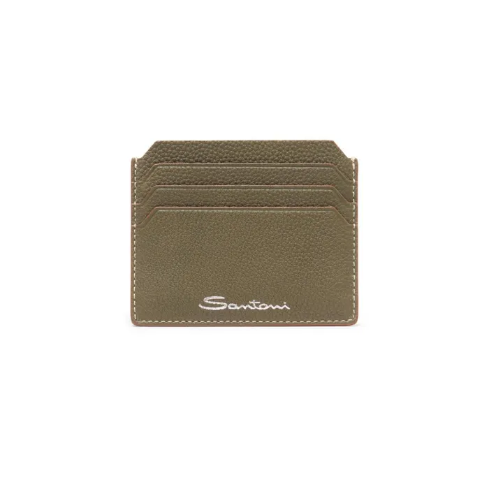Men Green Tumbled Leather Credit Card Holder Santoni Small Leather Goods