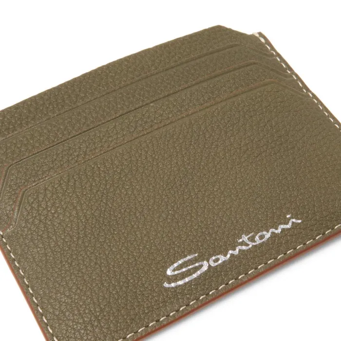 Men Green Tumbled Leather Credit Card Holder Santoni Small Leather Goods