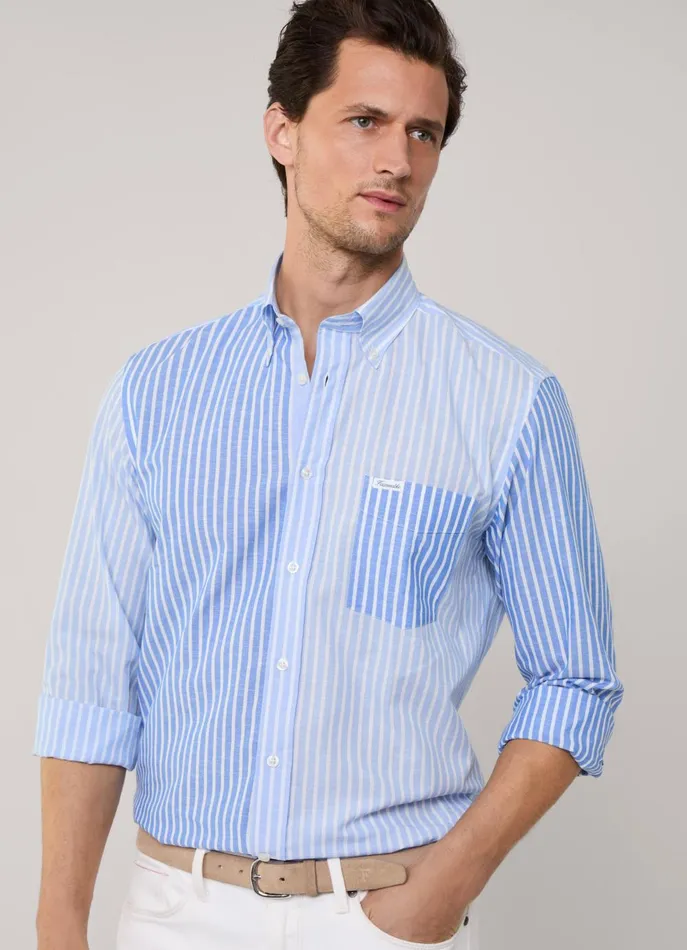 Men Iconic Shirts Faonnable Regular Fit Striped Cotton Linen Shirt Horizon Blue