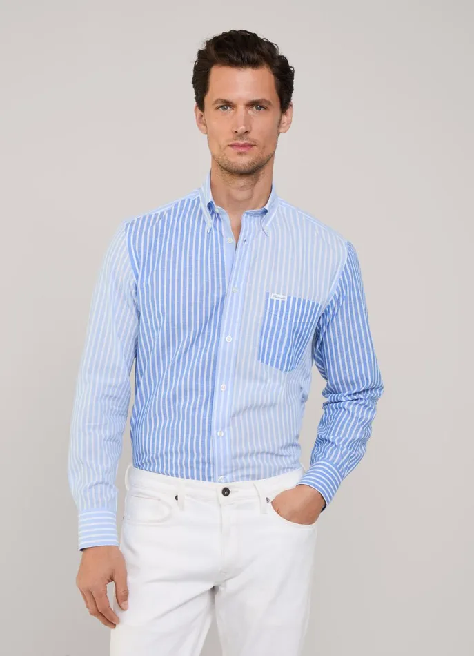 Men Iconic Shirts Faonnable Regular Fit Striped Cotton Linen Shirt Horizon Blue