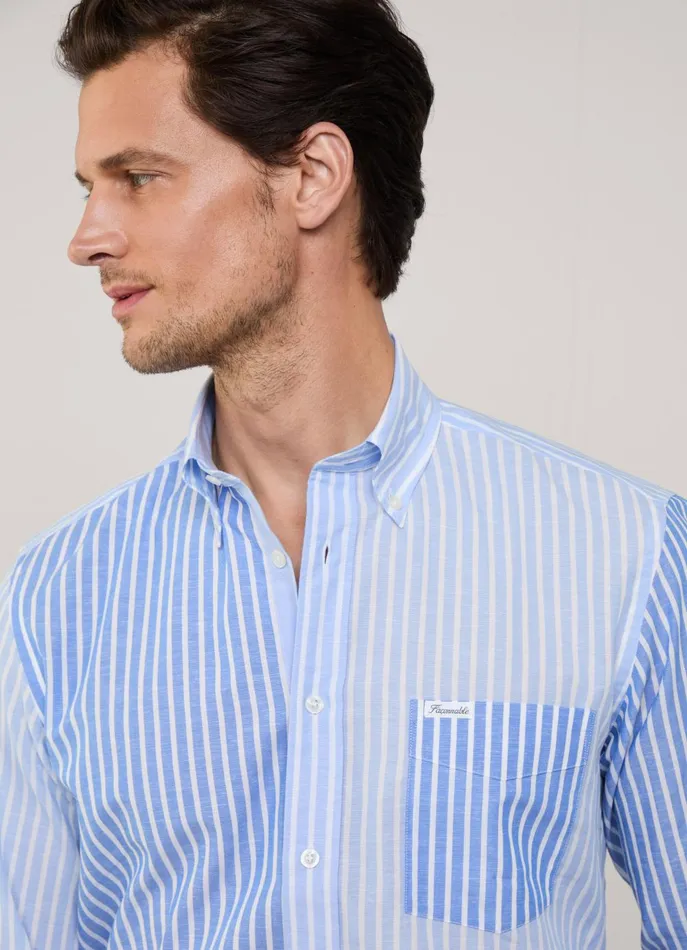 Men Iconic Shirts Faonnable Regular Fit Striped Cotton Linen Shirt Horizon Blue