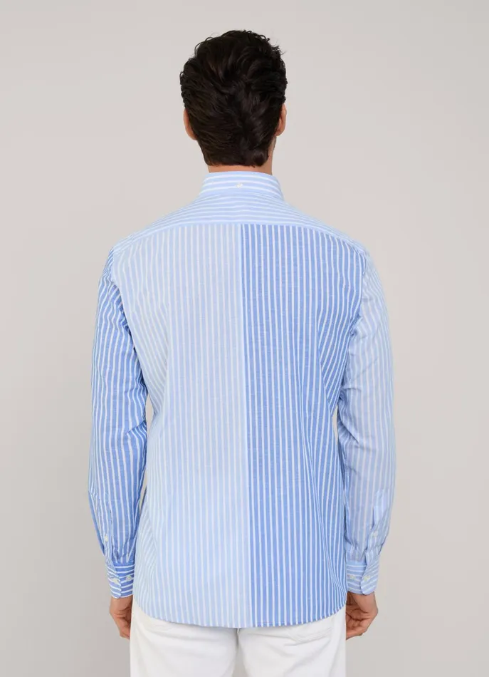Men Iconic Shirts Faonnable Regular Fit Striped Cotton Linen Shirt Horizon Blue