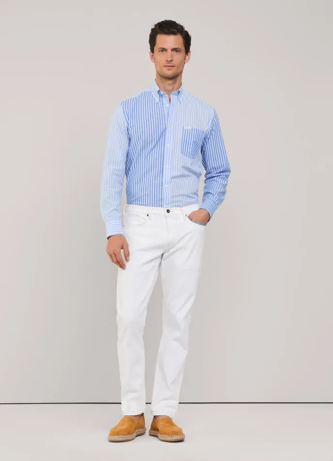 Men Iconic Shirts Faonnable Regular Fit Striped Cotton Linen Shirt Horizon Blue