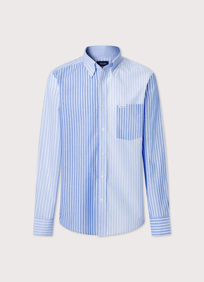 Men Iconic Shirts Faonnable Regular Fit Striped Cotton Linen Shirt Horizon Blue