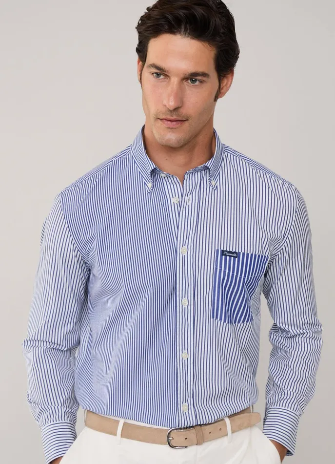 Men Iconic Shirts Faonnable Regular Fit Striped Poplin Shirt Naval Blue