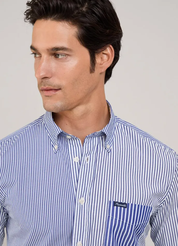 Men Iconic Shirts Faonnable Regular Fit Striped Poplin Shirt Naval Blue