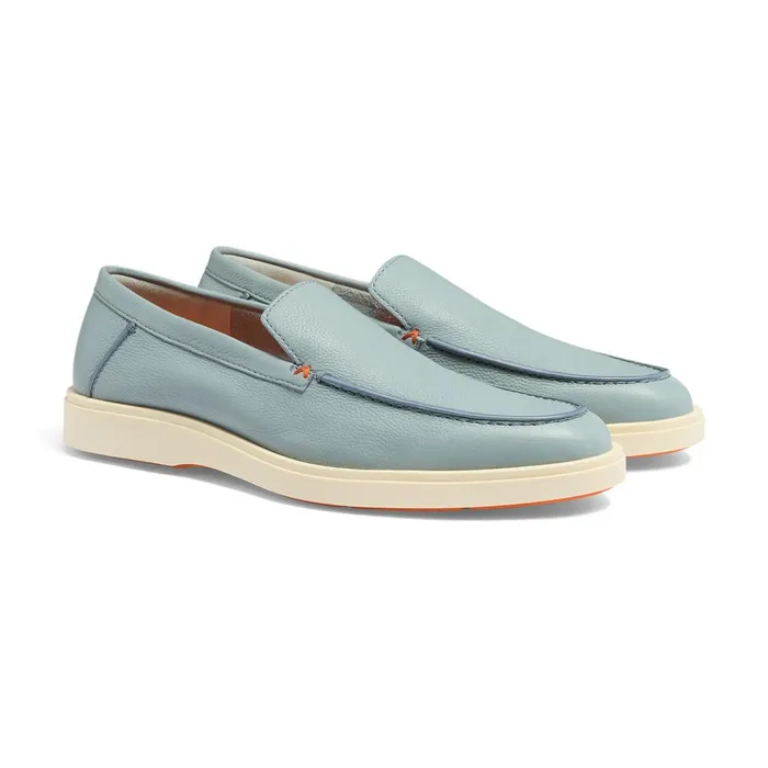 Men Light Blue Tumbled Leather Loafer Santoni Loafers