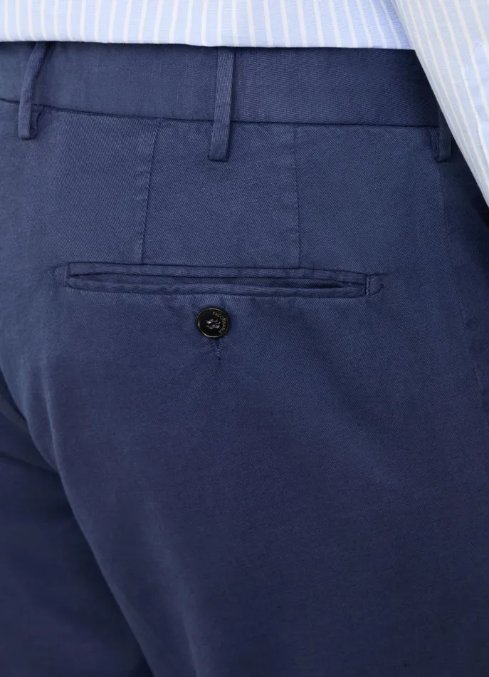 Men Pants Faonnable Regular Fit Cotton Linen Trousers Marine Blue