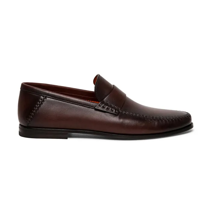 Men Polished Brown Leather Penny Loafer Santoni Loafers