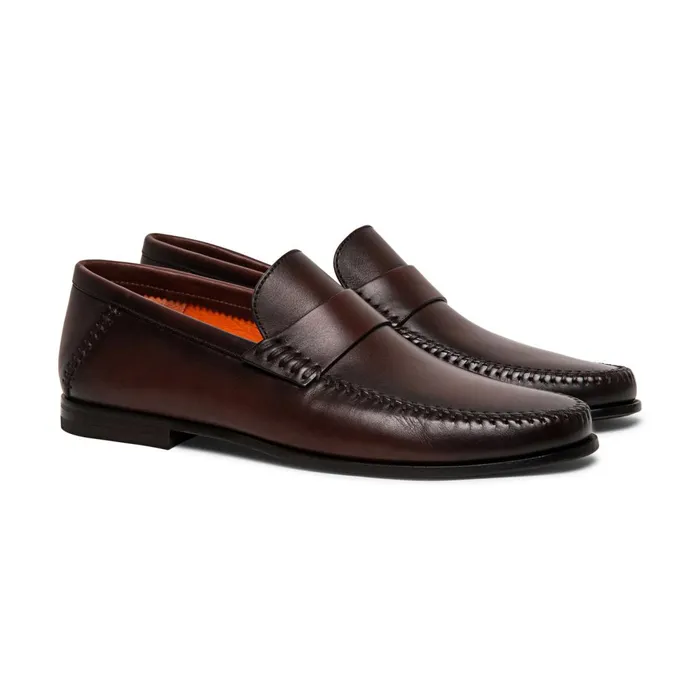 Men Polished Brown Leather Penny Loafer Santoni Loafers