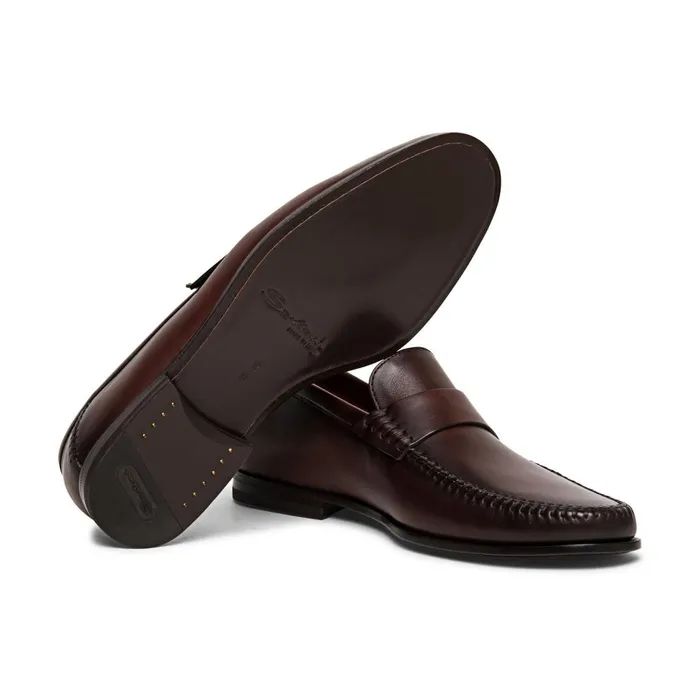 Men Polished Brown Leather Penny Loafer Santoni Loafers