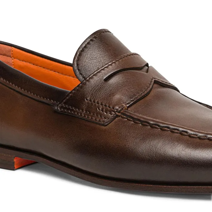 Men Polished Brown Leather Penny Loafer Santoni Loafers