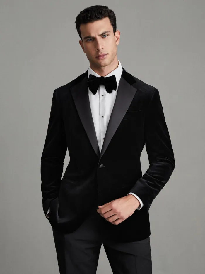 Men Reiss Blazers Ace Modern Fit Velvet Single Breasted Tuxedo Jacket Black