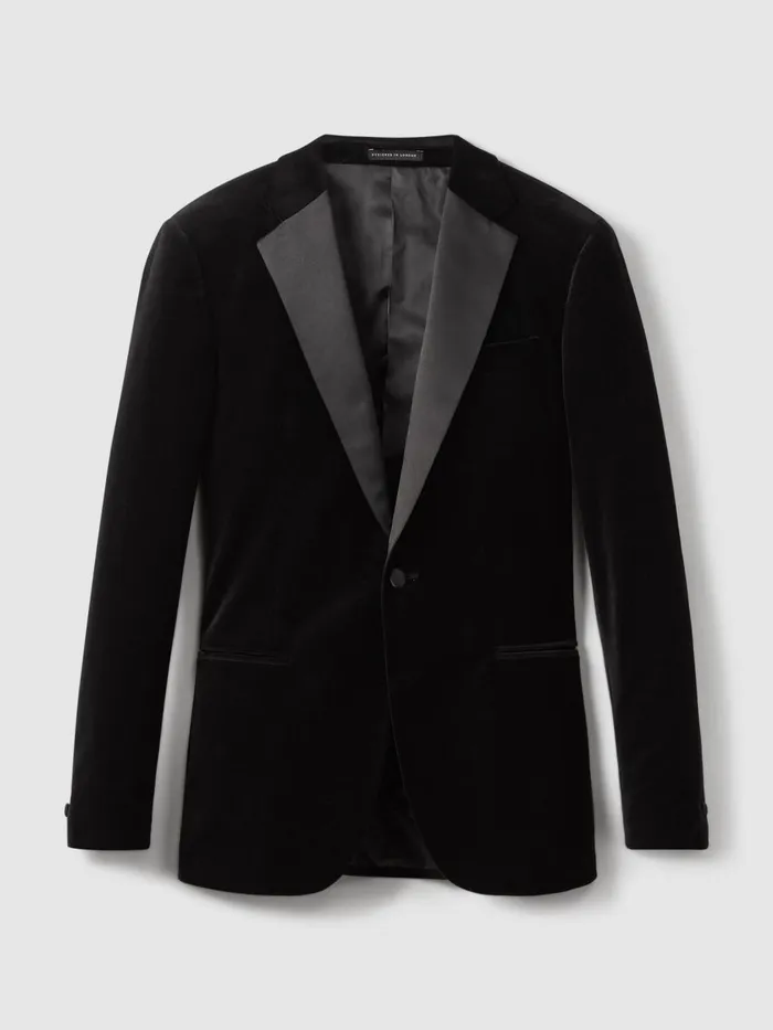 Men Reiss Blazers Ace Modern Fit Velvet Single Breasted Tuxedo Jacket Black
