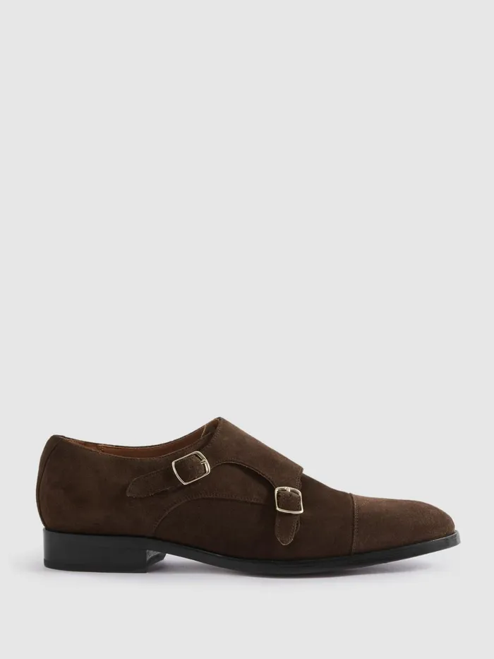 Men Reiss Formal Shoes Amalfi Suede Double Monk Strap Shoes Brown
