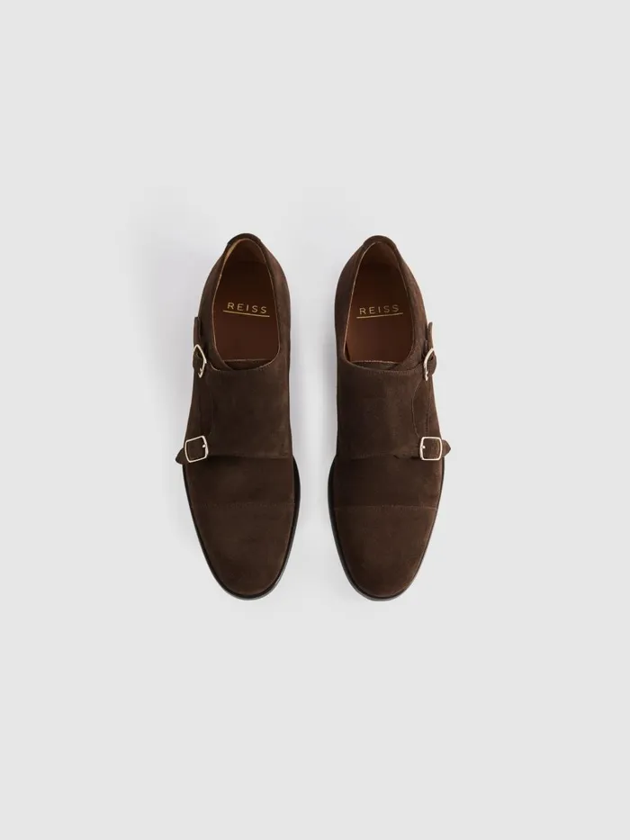 Men Reiss Formal Shoes Amalfi Suede Double Monk Strap Shoes Brown