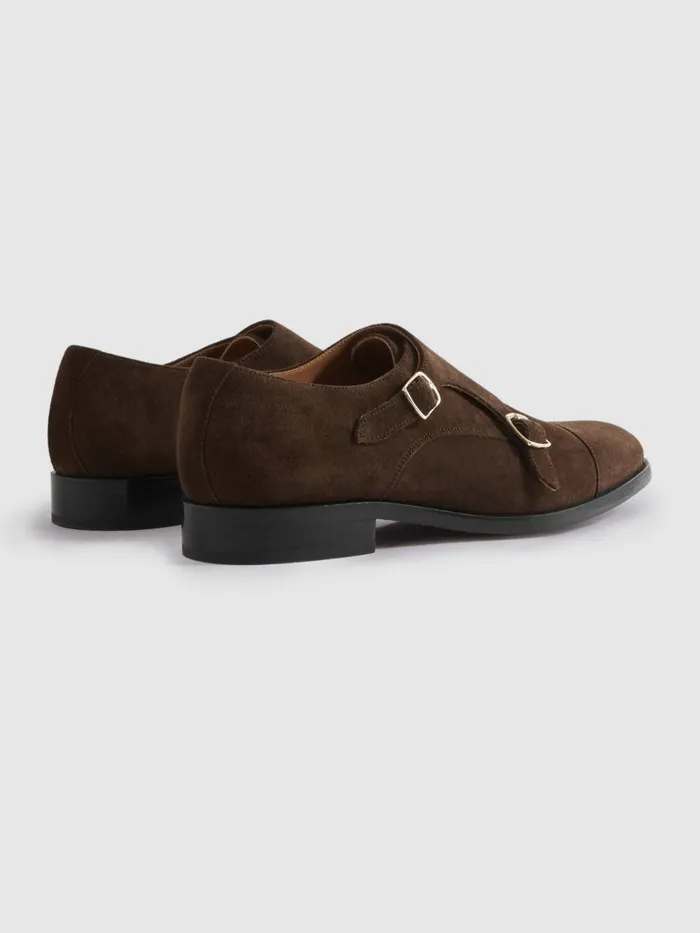 Men Reiss Formal Shoes Amalfi Suede Double Monk Strap Shoes Brown