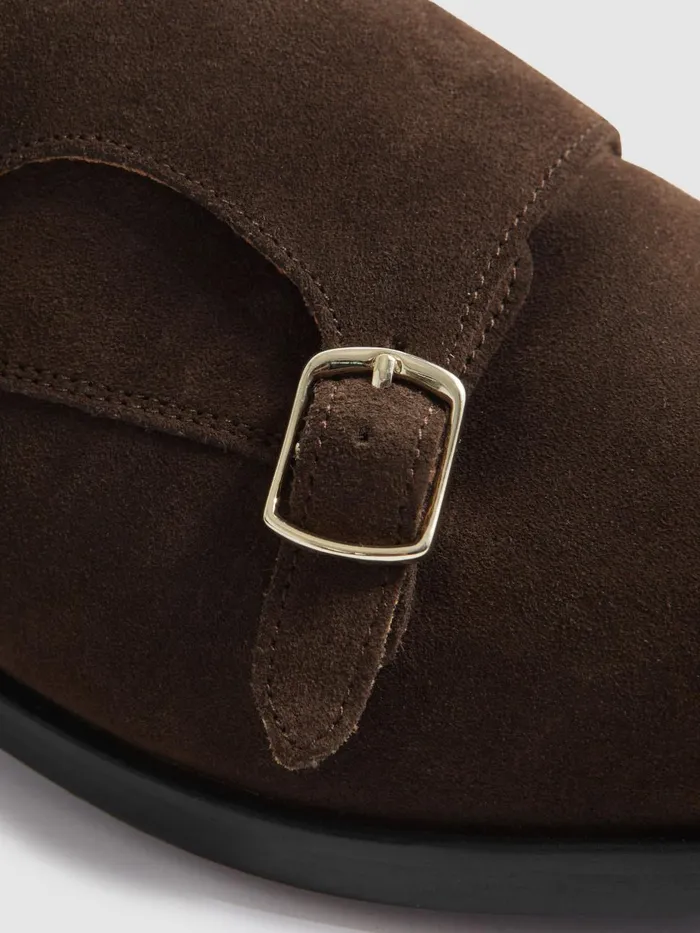 Men Reiss Formal Shoes Amalfi Suede Double Monk Strap Shoes Brown