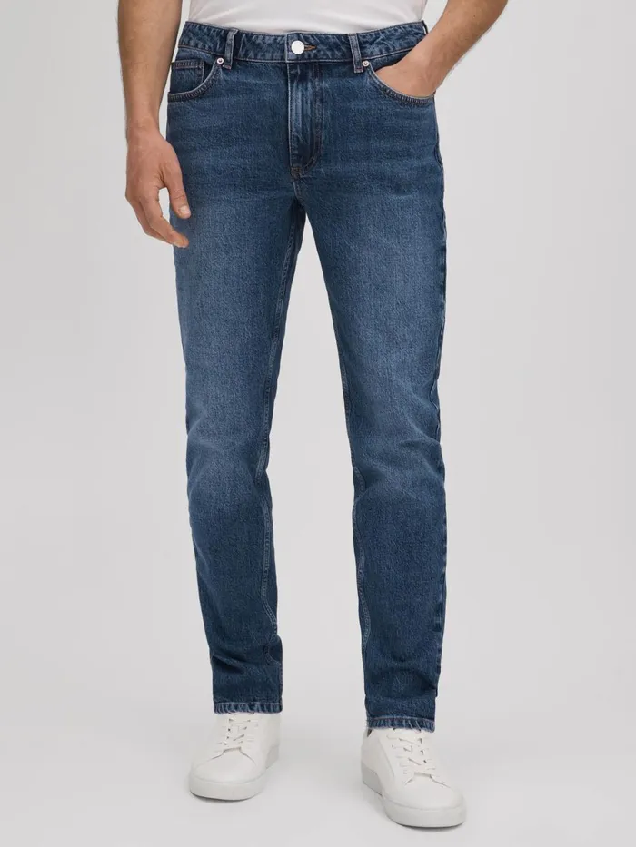 Men Reiss Jeans Calik Tapered Slim Fit Washed Jeans Mid Blue Wash