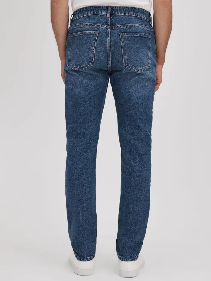 Men Reiss Jeans Calik Tapered Slim Fit Washed Jeans Mid Blue Wash