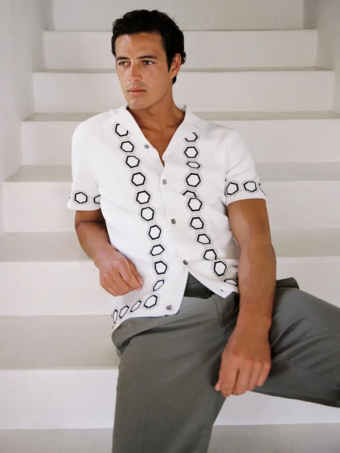 Men Reiss Knitwear Decoy Knitted Cuban Collar Shirt White
