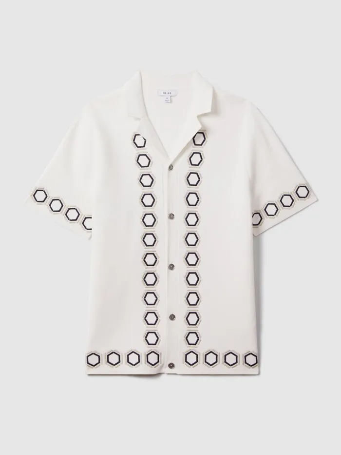 Men Reiss Knitwear Decoy Knitted Cuban Collar Shirt White