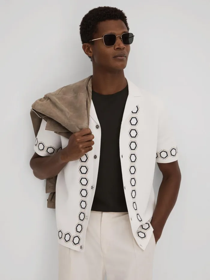 Men Reiss Knitwear Decoy Knitted Cuban Collar Shirt White