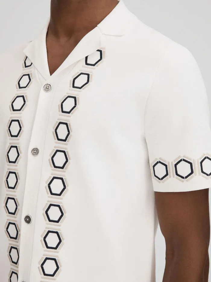 Men Reiss Knitwear Decoy Knitted Cuban Collar Shirt White