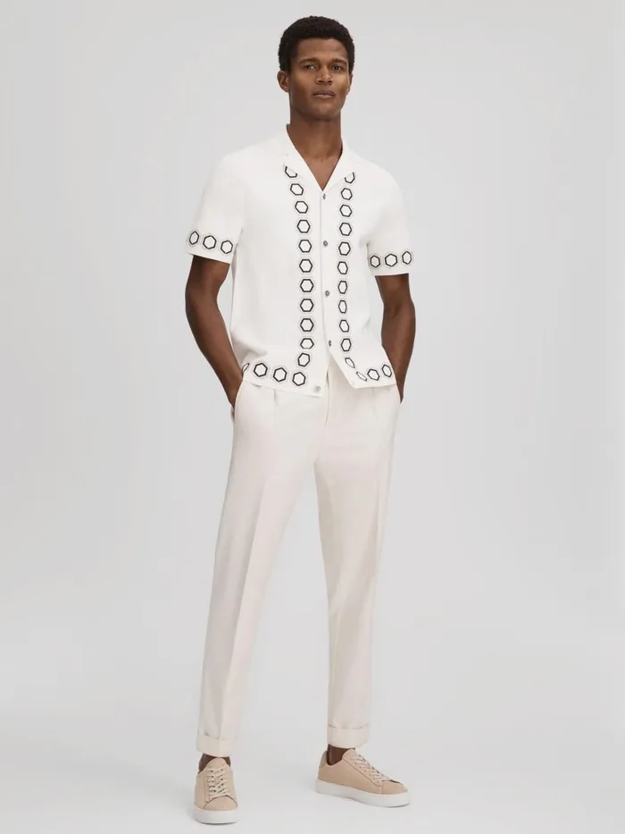 Men Reiss Knitwear Decoy Knitted Cuban Collar Shirt White