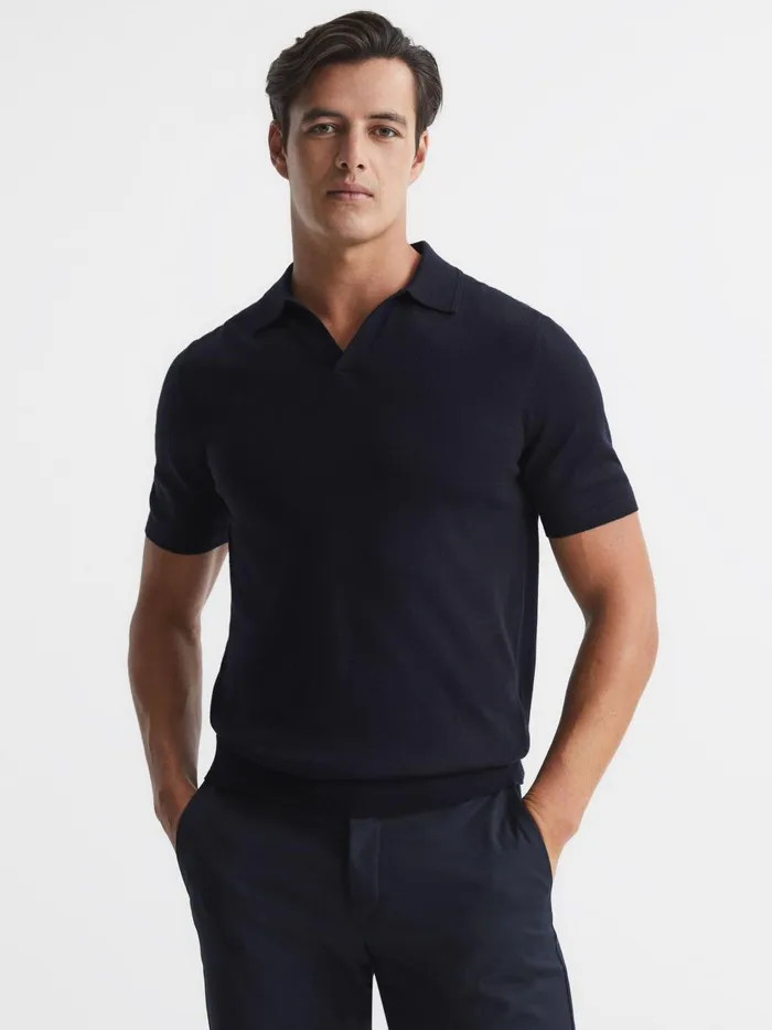 Men Reiss Knitwear Duchie Merino Wool Open Collar Polo Shirt Navy