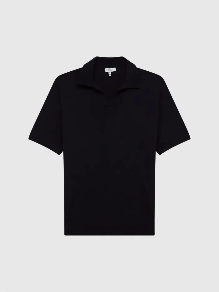 Men Reiss Knitwear Duchie Merino Wool Open Collar Polo Shirt Navy
