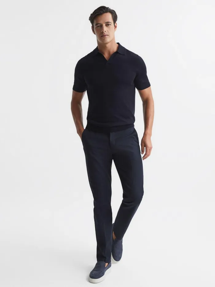 Men Reiss Knitwear Duchie Merino Wool Open Collar Polo Shirt Navy