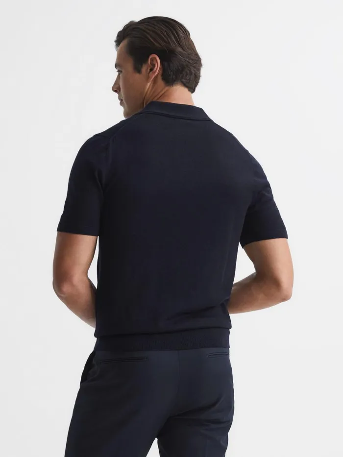 Men Reiss Knitwear Duchie Merino Wool Open Collar Polo Shirt Navy