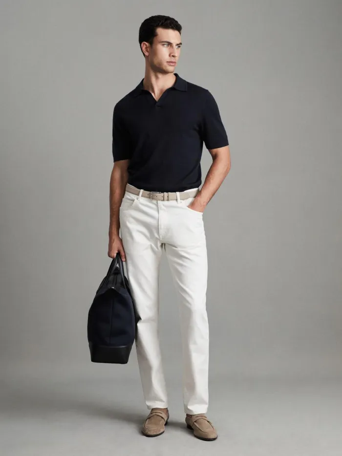 Men Reiss Knitwear Duchie Merino Wool Open Collar Polo Shirt Navy