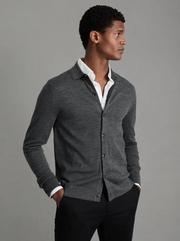 Men Reiss Knitwear Forbes Merino Wool ButtonThrough Cardigan Derby Grey Marl