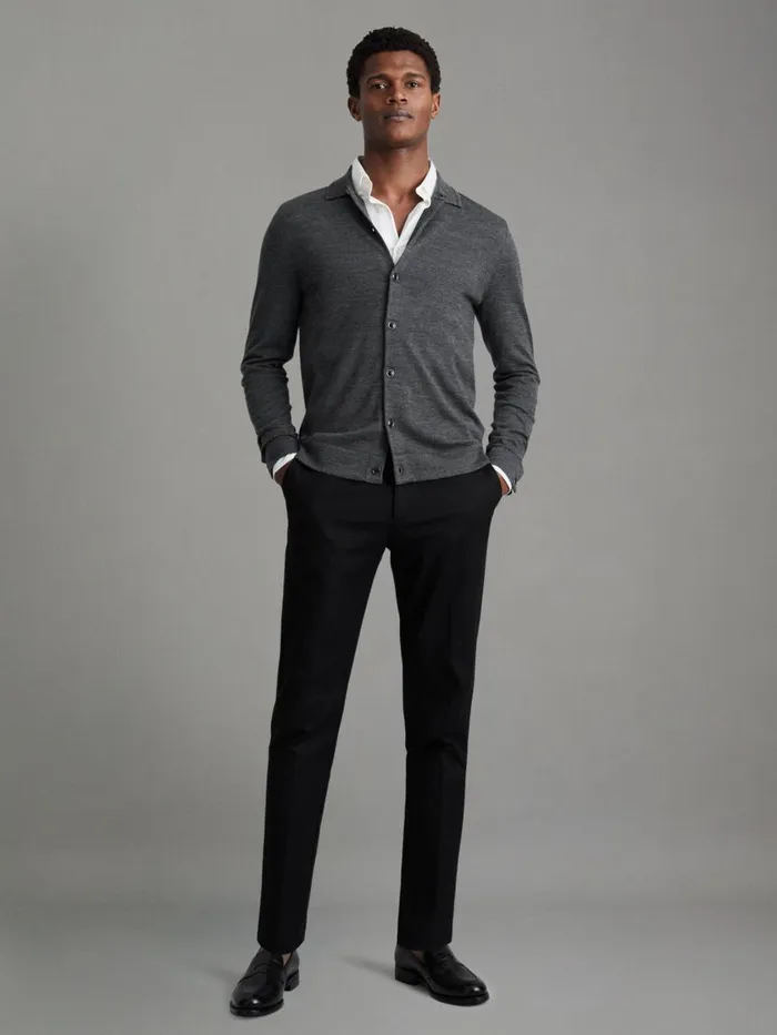 Men Reiss Knitwear Forbes Merino Wool ButtonThrough Cardigan Derby Grey Marl