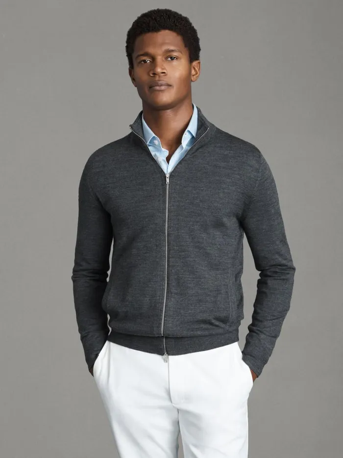 Men Reiss Knitwear Hampshire Merino Wool FunnelNeck Jacket Derby Grey Marl