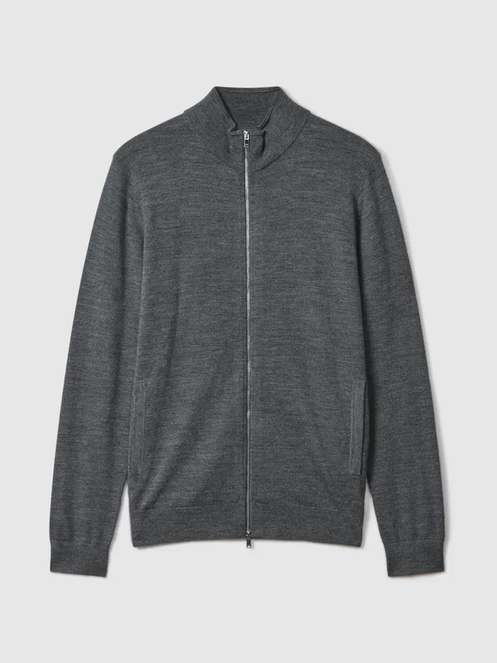 Men Reiss Knitwear Hampshire Merino Wool FunnelNeck Jacket Derby Grey Marl