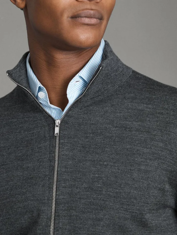 Men Reiss Knitwear Hampshire Merino Wool FunnelNeck Jacket Derby Grey Marl
