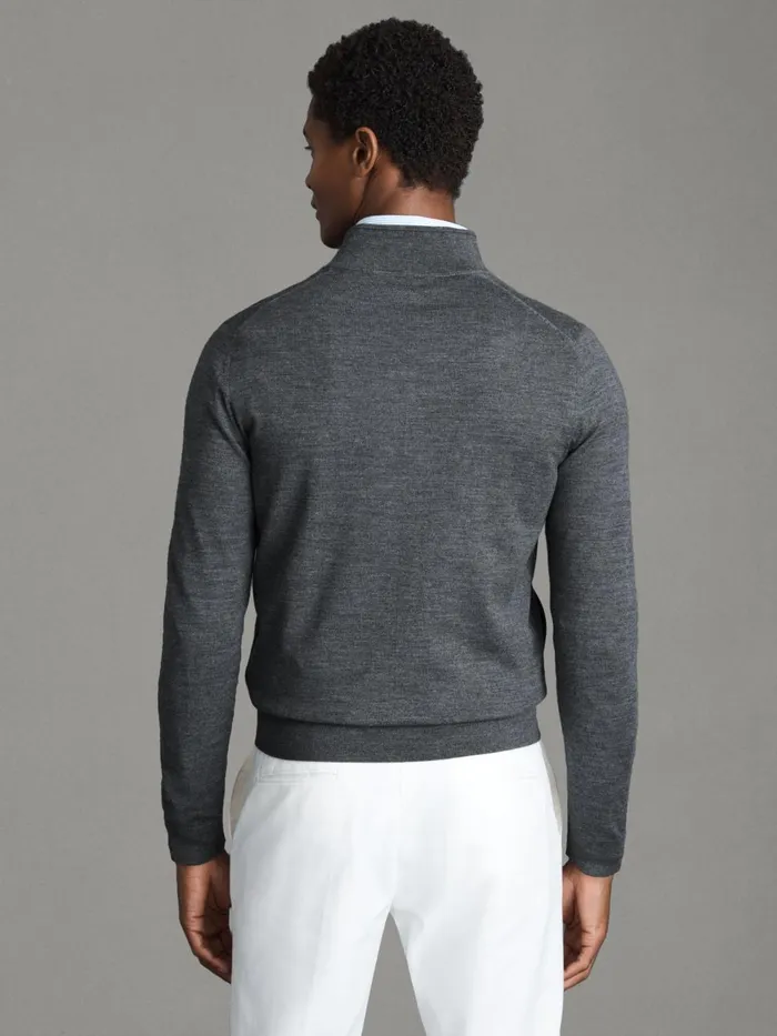 Men Reiss Knitwear Hampshire Merino Wool FunnelNeck Jacket Derby Grey Marl