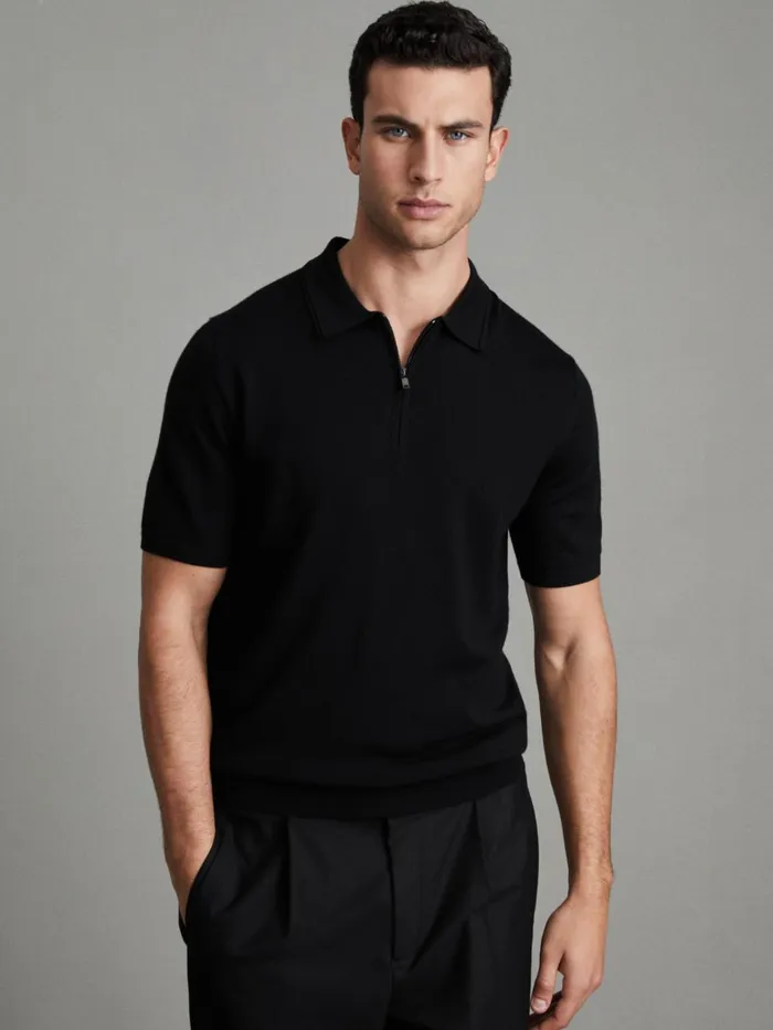 Men Reiss Knitwear Maxwell Merino Wool HalfZip Polo Shirt Blackgunmetal