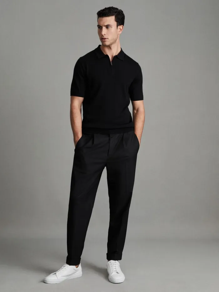 Men Reiss Knitwear Maxwell Merino Wool HalfZip Polo Shirt Blackgunmetal