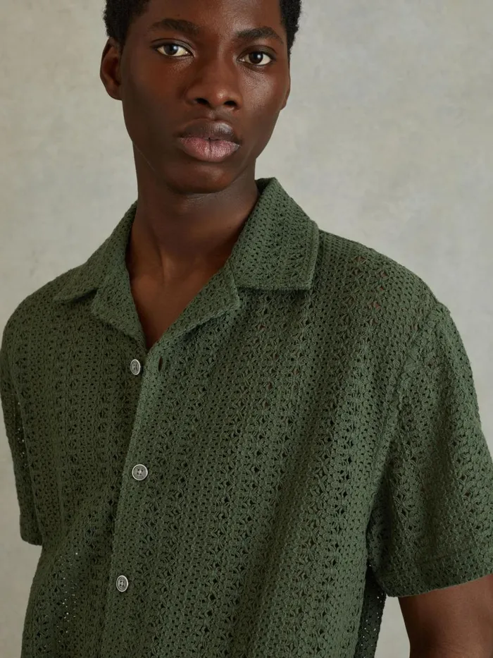 Men Reiss Knitwear Paradise Cotton Crochet Cuban Collar Shirt Olive Green