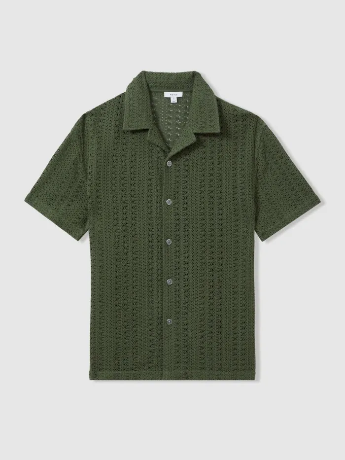 Men Reiss Knitwear Paradise Cotton Crochet Cuban Collar Shirt Olive Green