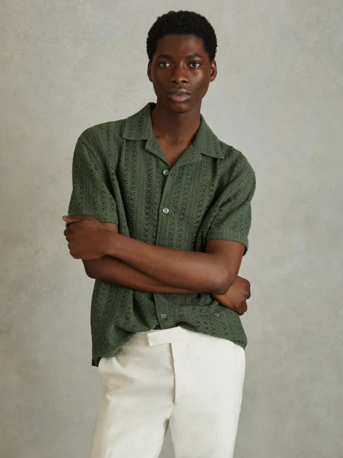 Men Reiss Knitwear Paradise Cotton Crochet Cuban Collar Shirt Olive Green